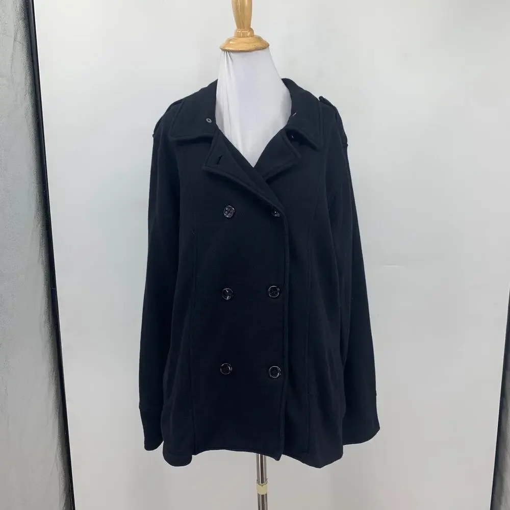J Peterman Peacoat Womens L Large Black Double Breasted Notched Lapels Pockets